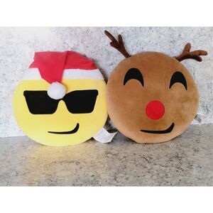 Emoji Pillows Plush-Set‎ Of 2 Santa & Reindeer Seat Pillows 13" Yellow & Brown